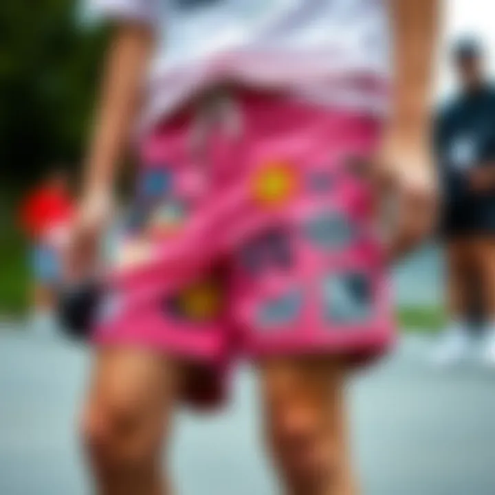 Customized Artistic Expression A creative customization of Vans pink shorts with artistic patches