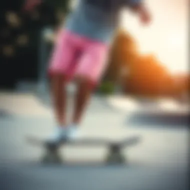 Skateboarding at the Park Skateboarder wearing Vans pink shorts at a skate park