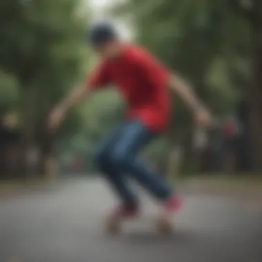 A vibrant red Vans shirt on a skateboarder in action