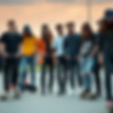 Community of Skateboarders in Faded Black Skinny Jeans Group of skateboarders showing diverse styles with faded black skinny jeans