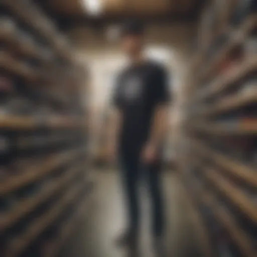 Skateboarder browsing local skate shop products