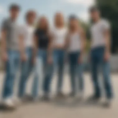 Group of skaters wearing fitted loose jeans at a skate park