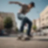 Skateboarder performing tricks in fitted loose jeans