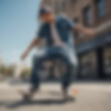 A skateboarder demonstrating stylish fitted loose jeans in an urban setting