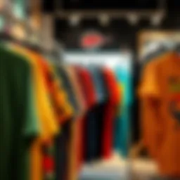 A collection of vibrant graphic tees displayed on hangers in a boutique.