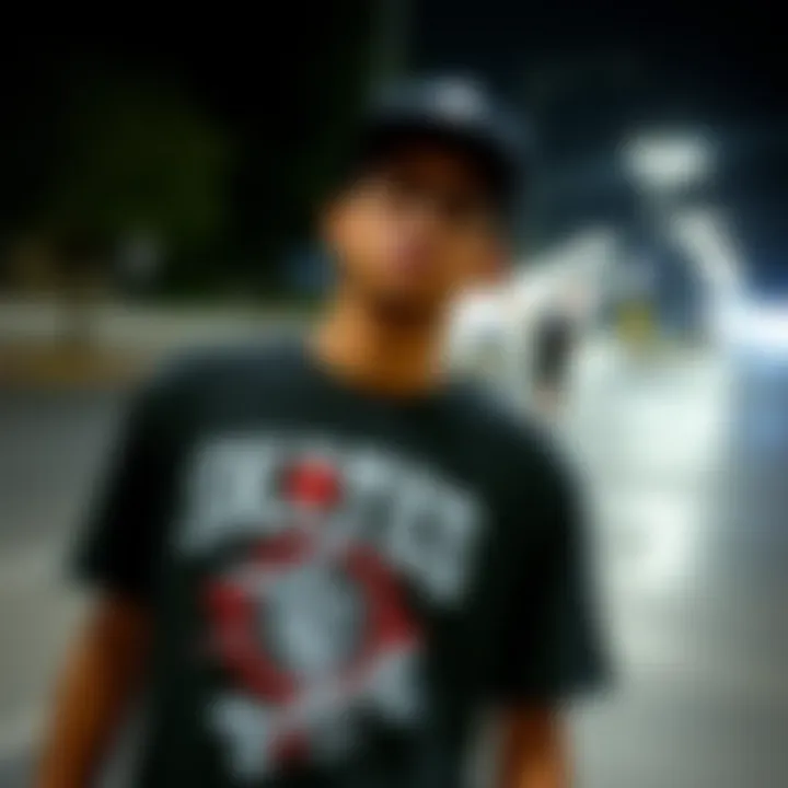 Skateboarding Culture and Graphic Tees An individual wearing a graphic tee that reflects a popular skateboarding theme.