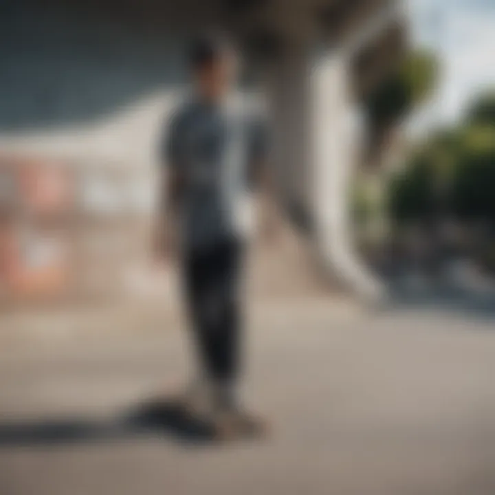 Skater wearing a unique graphic tee on a skateboard