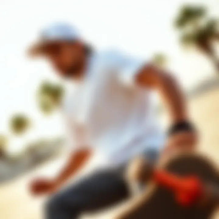 A stylish heavy white tee on a skateboarder