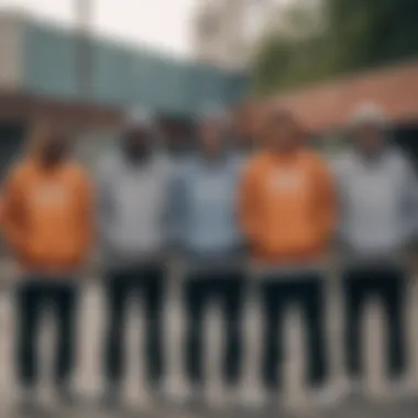 Group of skateboarders wearing HUF hoodies in a dynamic pose