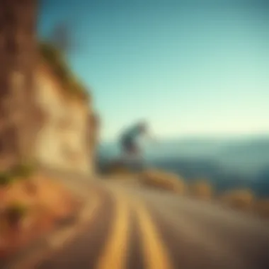 A skater riding the LandYachtz Drop Cat Seeker 38 on a scenic downhill path