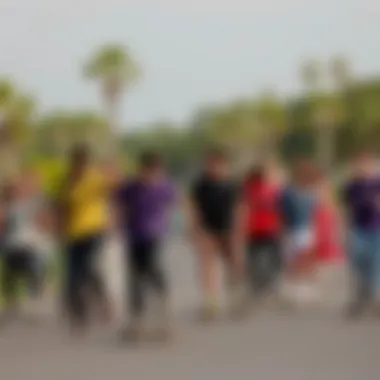 Group of diverse longboard riders enjoying a vibrant park with the LandYachtz Drop Cat Seeker 38