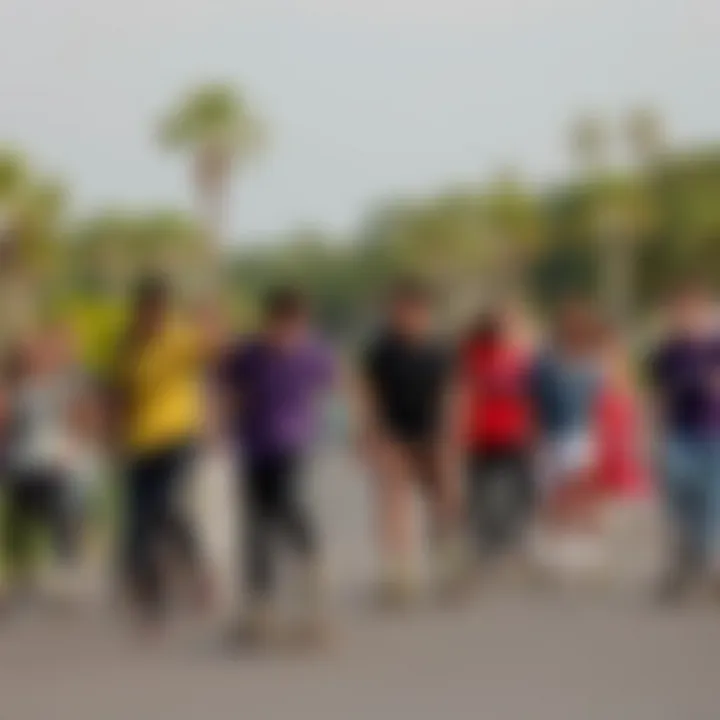 Group of diverse longboard riders enjoying a vibrant park with the LandYachtz Drop Cat Seeker 38