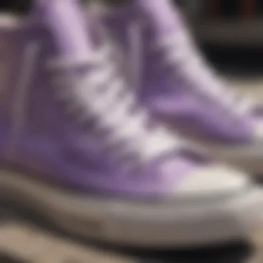 Close-up view of lavender Converse showcasing unique design features