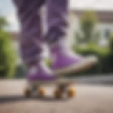 Skateboarder performing tricks while wearing lavender Converse shoes