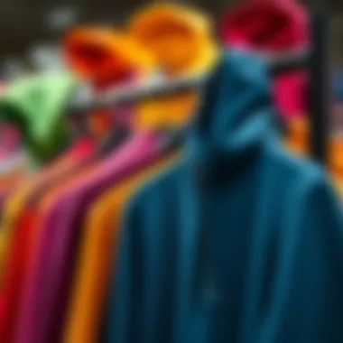 Colorful Display of Zip Up Hoodies Colorful zip up hoodies arranged on a display rack