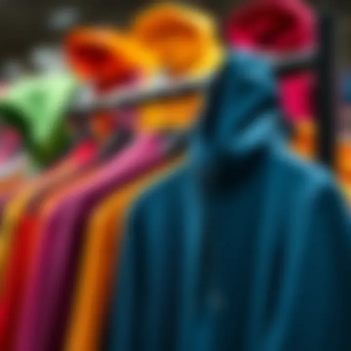 Colorful Display of Zip Up Hoodies Colorful zip up hoodies arranged on a display rack