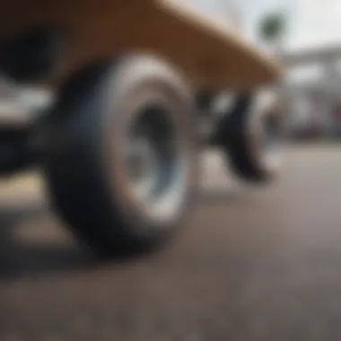 Close-up of longboard wheels and trucks showcasing design