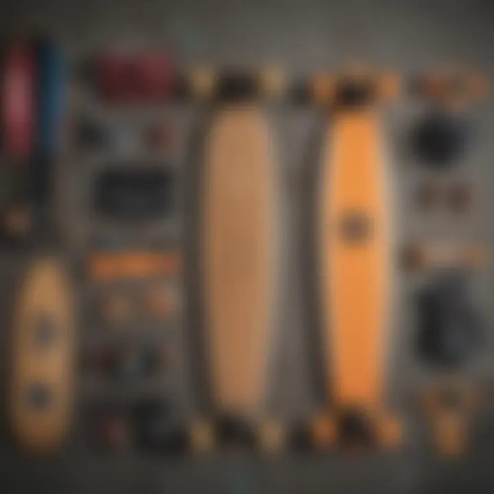 A collection of longboarding accessories and gear laid out