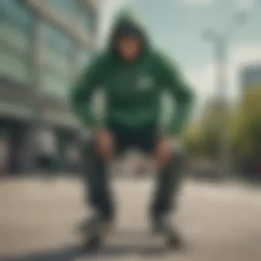 Stylish skateboarder wearing a green Nike hoodie in an urban setting.