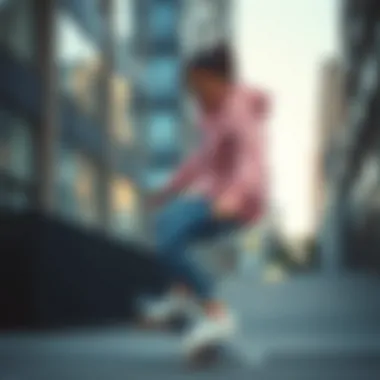 Urban Skateboarding in Nike Pink Hoodie Skateboarder wearing Nike pink hoodie in urban setting