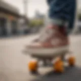 Close-up of high-performance skateboarding shoes on a skateboard