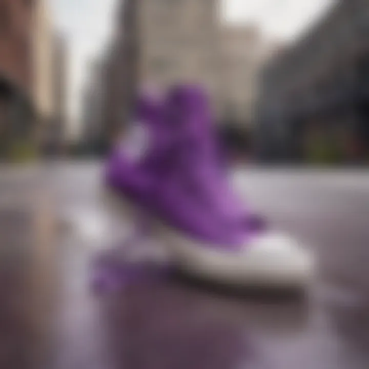 An artistic representation of purple Chuck Taylor high tops against a vibrant urban backdrop