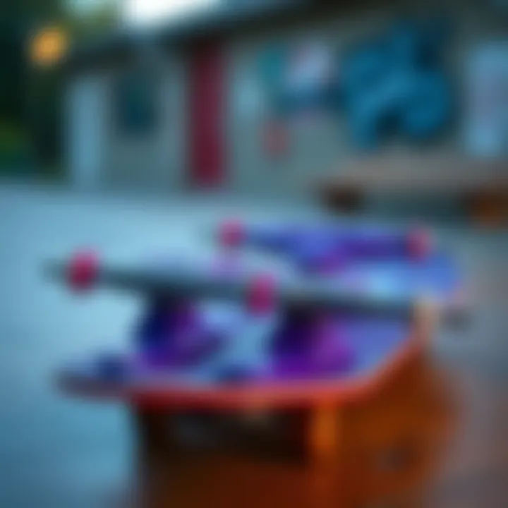 Purple skateboard trucks mounted on a skateboard deck illustrating compatibility and style.