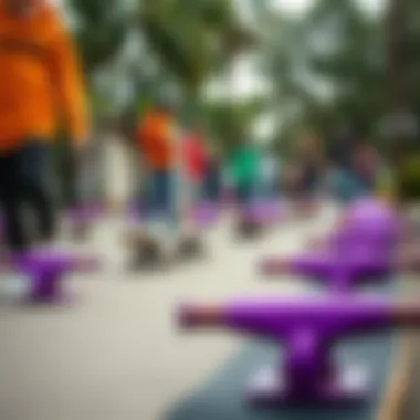 A vibrant group of skateboarders using purple trucks, reflecting the cultural significance and community trends.