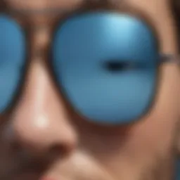 Close-up view of Ray-Ban blue mirror lenses reflecting sunlight