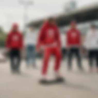 Group of skaters wearing red and white Adidas gear in an urban skate park