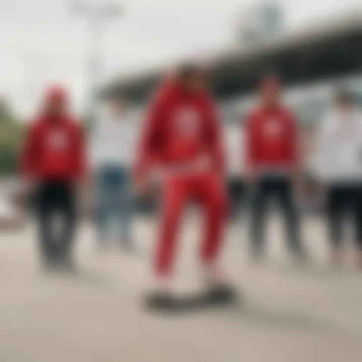 Group of skaters wearing red and white Adidas gear in an urban skate park