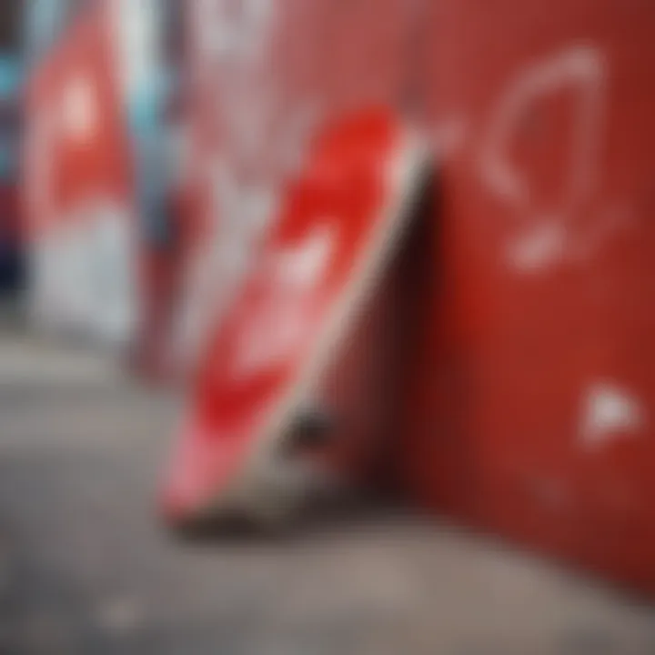 A vibrant red and white skateboard showcasing Adidas branding against a graffiti wall