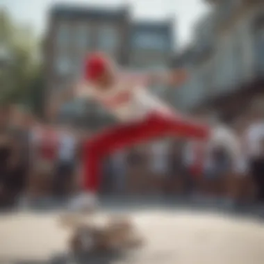 A dynamic shot of a skater performing tricks while wearing Adidas apparel