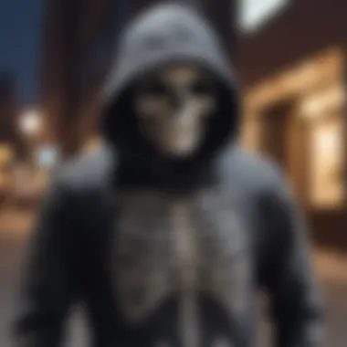 A stylish rhinestone skeleton hoodie displayed in an urban setting, showcasing its intricate design