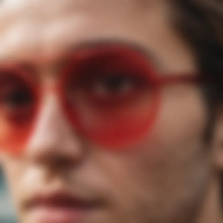 Close-up of round sunglasses featuring vibrant red lenses