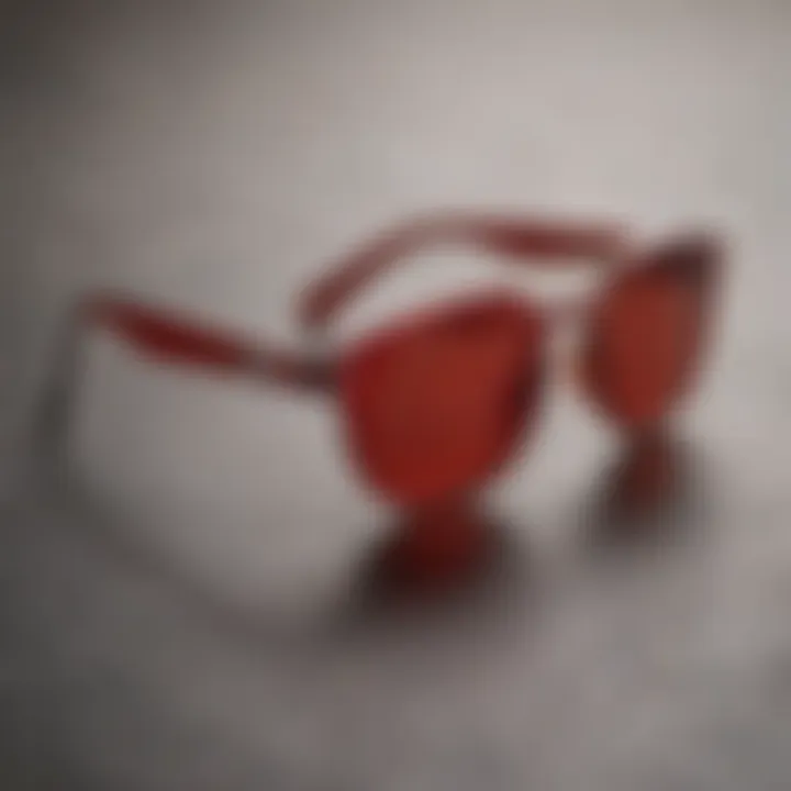 Group of round sunglasses with red lenses displayed on a textured surface