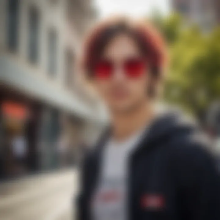 Skateboarder wearing round sunglasses with red lenses in an urban setting