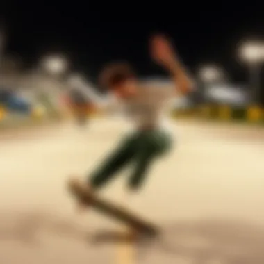 Dynamic Action with RVCA That’ll Do Stretch Dynamic pose showcasing the RVCA That’ll Do Stretch during skateboarding