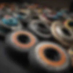 Close-up view of various longboard wheels showcasing different materials and designs