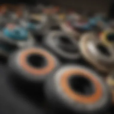 Close-up view of various longboard wheels showcasing different materials and designs