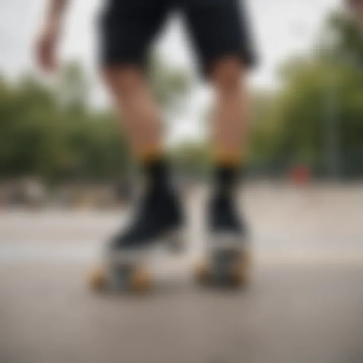 Group of skaters wearing black and gold Nike socks at a skate park