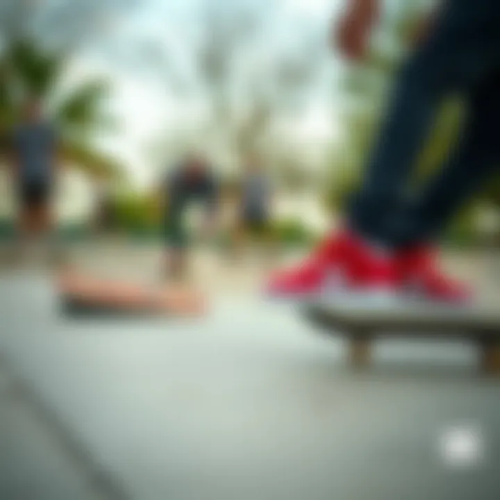 A vibrant skate park scene featuring skateboarders wearing red DC Shoes