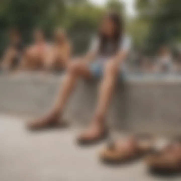 Group of skaters relaxing in Tilly's Reef sandals at a skate park