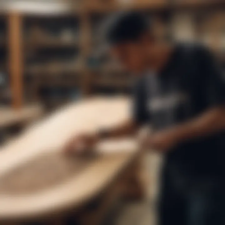 An artisan carving a skateboard deck, highlighting craftsmanship