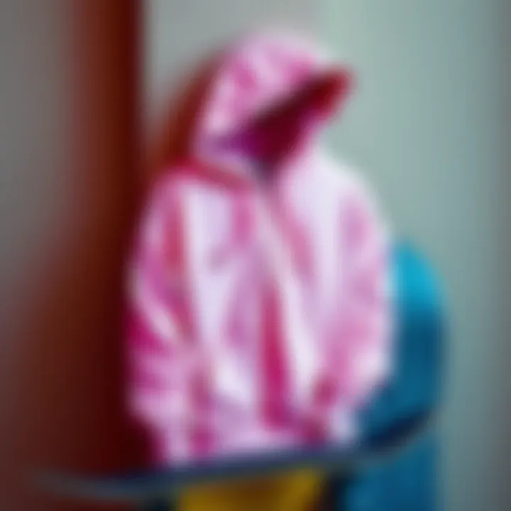 A skateboard leaning against a wall, with a pink zip-up hoodie draped over it.