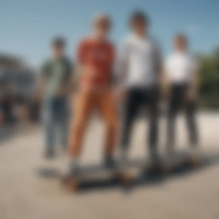 A group of skateboarders demonstrating diverse fashion influences on a skate park