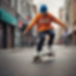 A stylish skateboarder showcasing vibrant attire in an urban setting