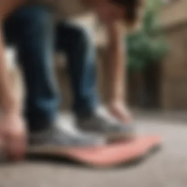 A skateboarder examining insoles for compatibility with footwear.