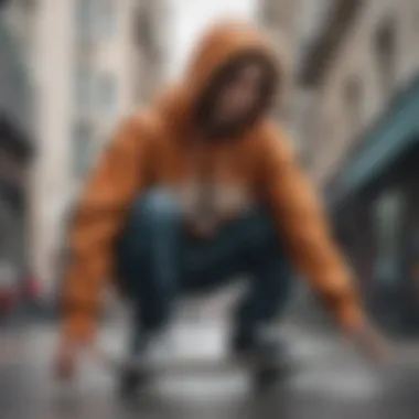 A skateboarder wearing a drippy hoodie, depicting the blend of fashion and functionality in action.