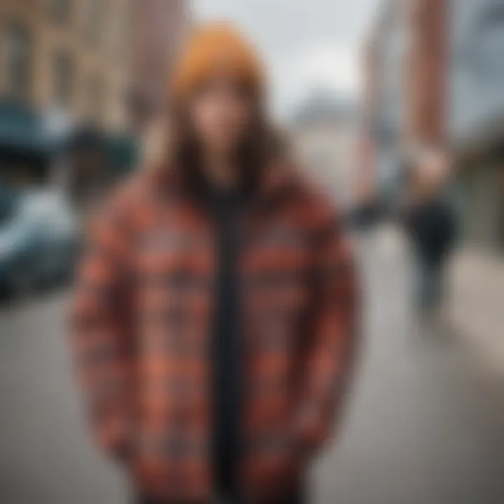 Skateboarder wearing flannel puffer jacket in an urban setting